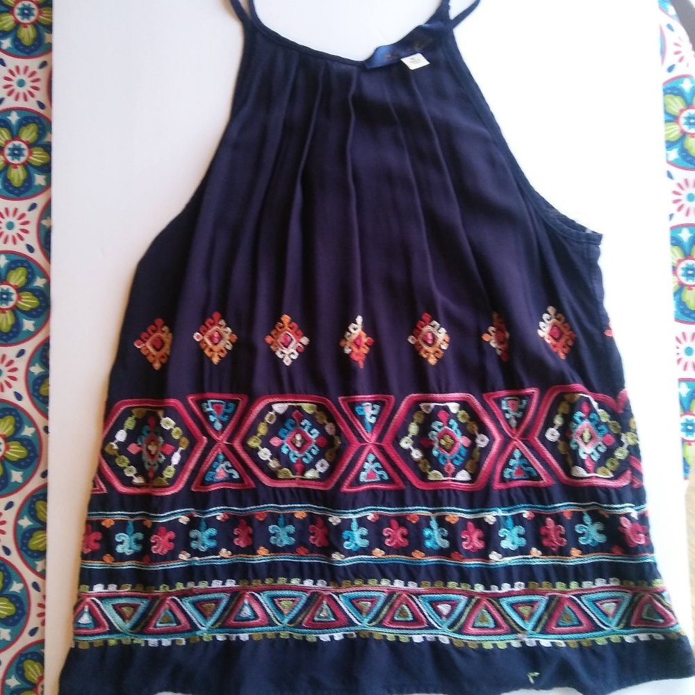 Anthropologie Blue Rain embroidered tank medium